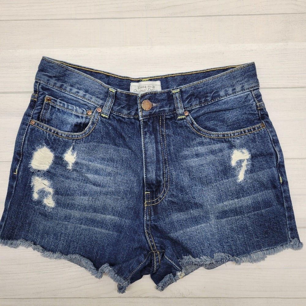SHANA Women's Blue Distressed High Rise Denim Cutoff Shorts Size 36